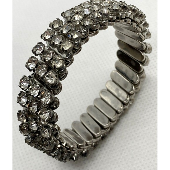 Vintage Clear‎ Rhinestone Accordian Stretch Silver Tone Bracelet 50s 60s Sparkly - Picture 1 of 11